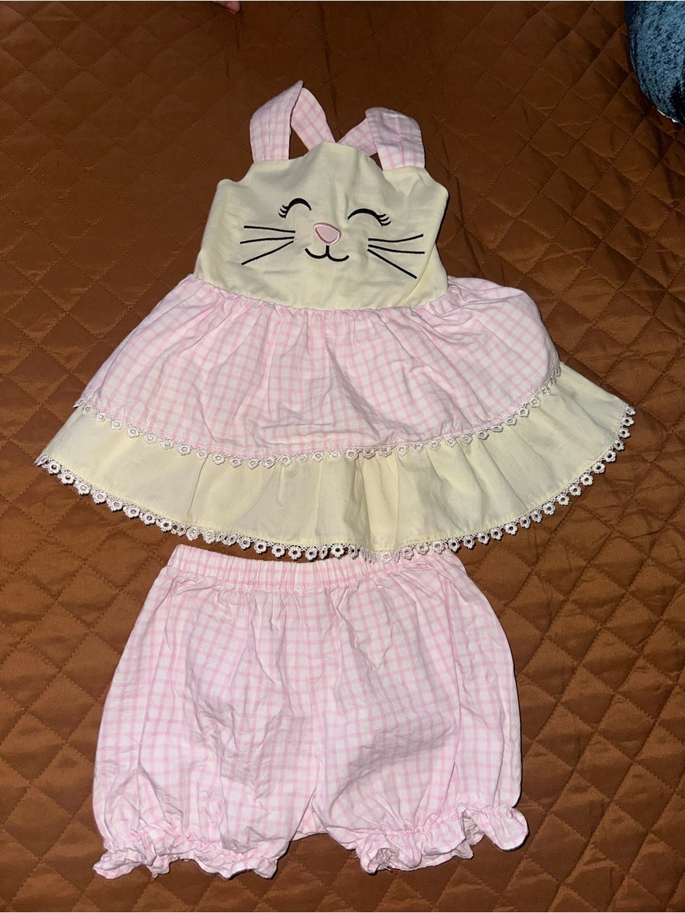 Pink & Cream Baby Girl Two-Piece Dress Set with Bunny Face 18-24m